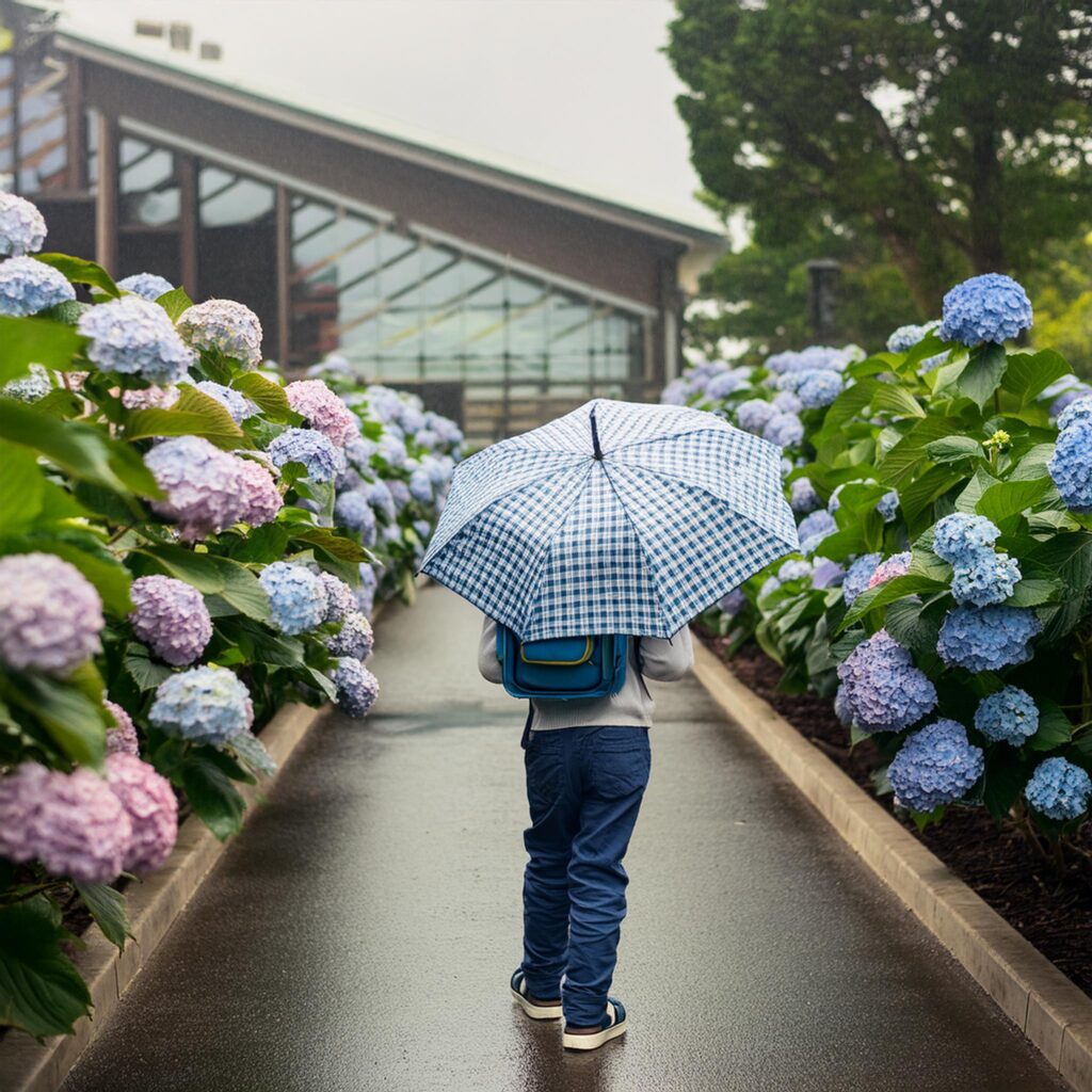 あじさいの咲く通学路を傘をさして学校に通う男の子